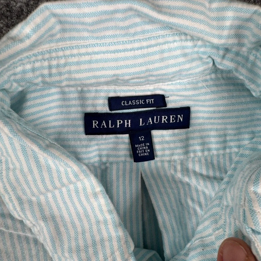 Ralph Lauren Button Down Shirt Girls Size 12 Blue Striped Classic Fit Cotton